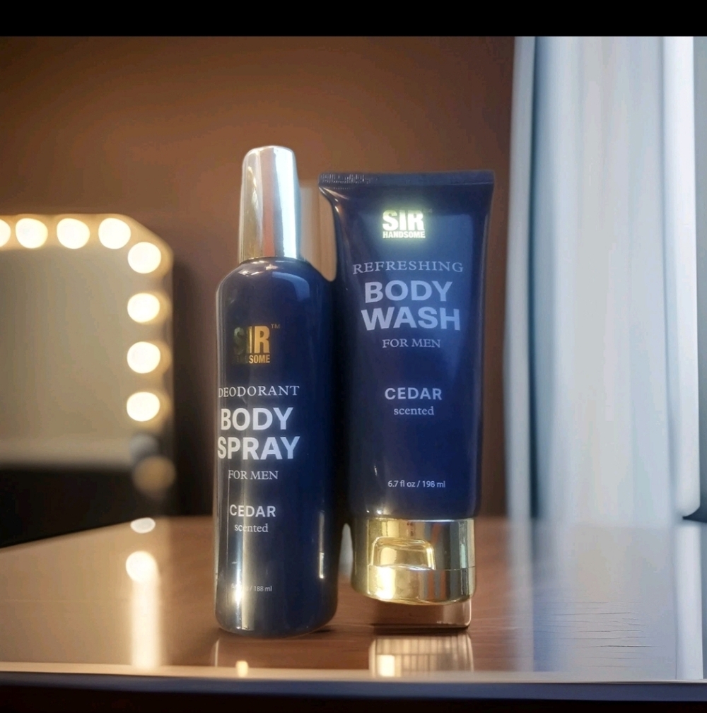 Refreshing Cedar Body Wash and Body Spray Deodorant Set - Blue/Gold New